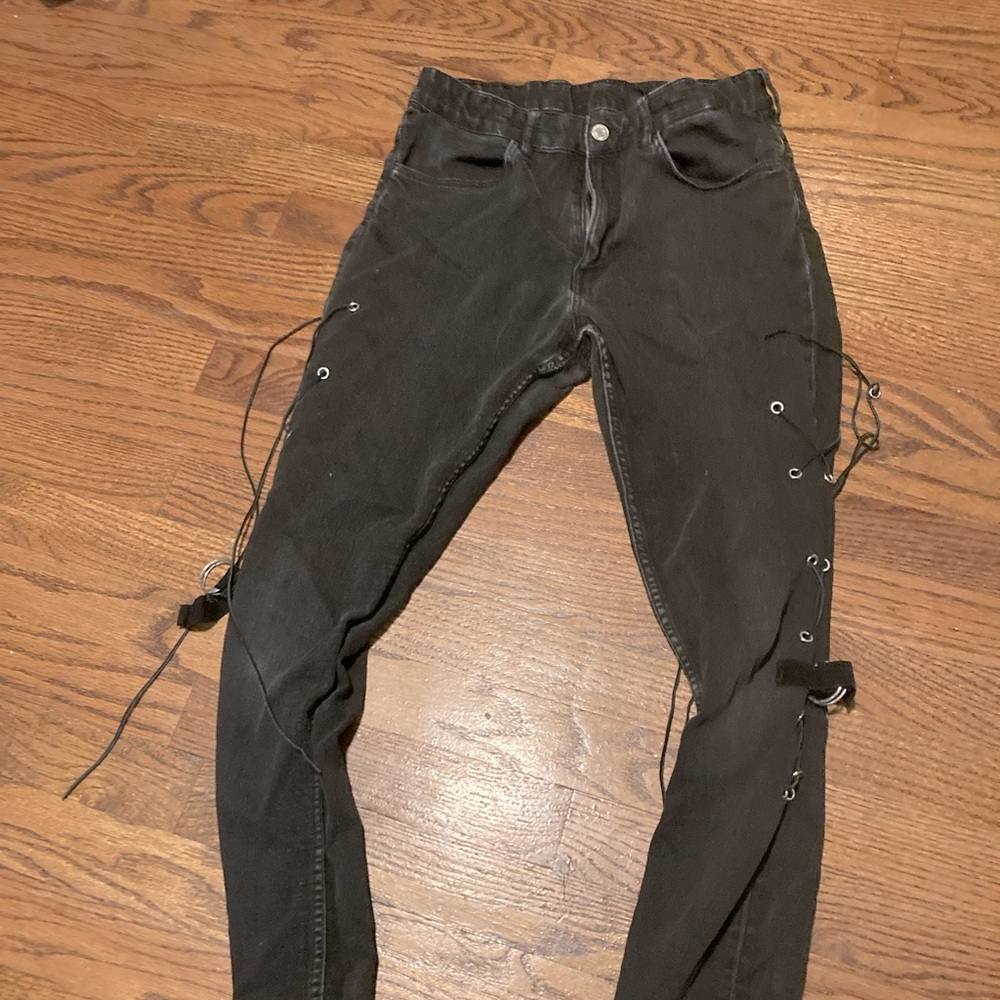 Dark black lace up steampunk costume skinny jeans